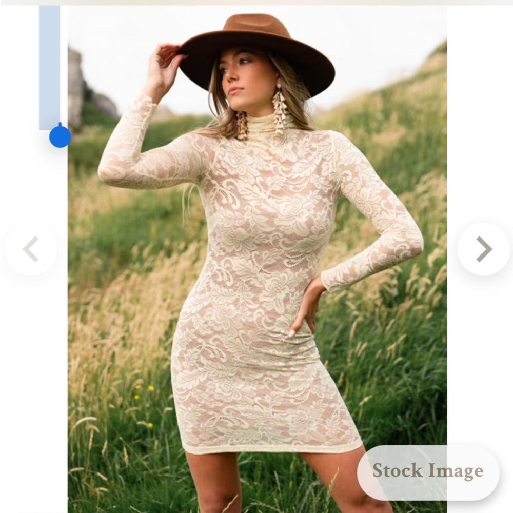 Joyfolie Cream Lace Long-Sleeve Turtleneck Bodycon Dress